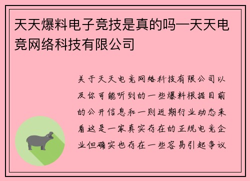 天天爆料电子竞技是真的吗—天天电竞网络科技有限公司